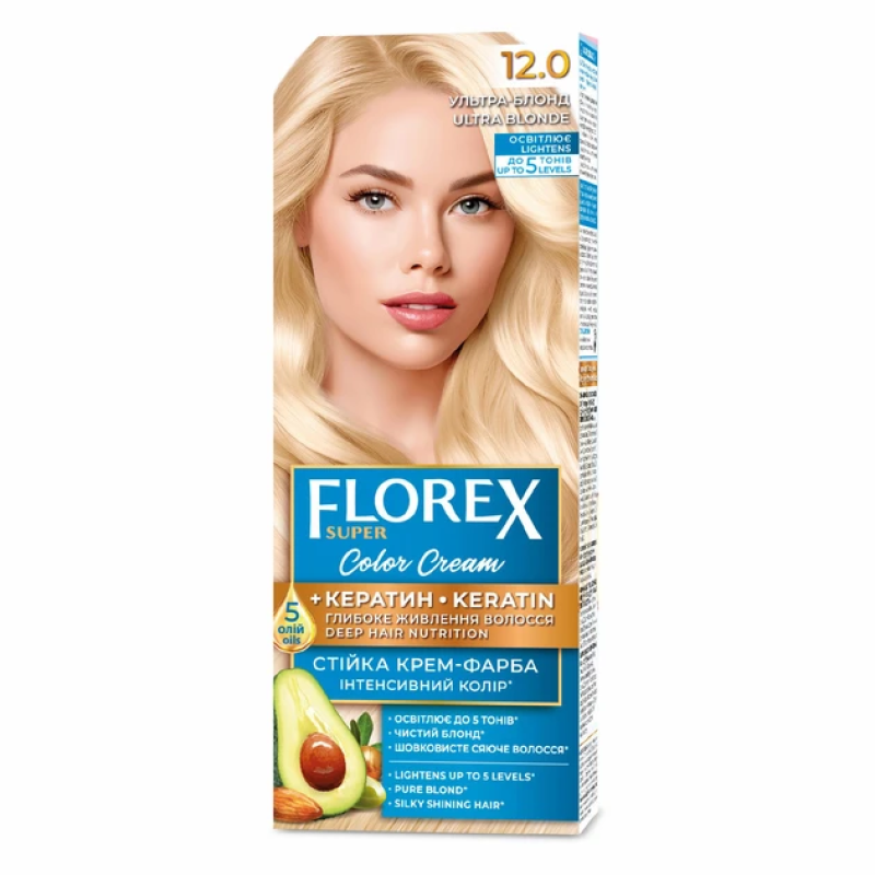 Стійка крем-фарба для волосся Florex Super КЕРАТИН 12.0 Ультра-блонд Стійка крем-фарба для волосся Florex Super КЕРАТИН 12.0 Ультра-блонд