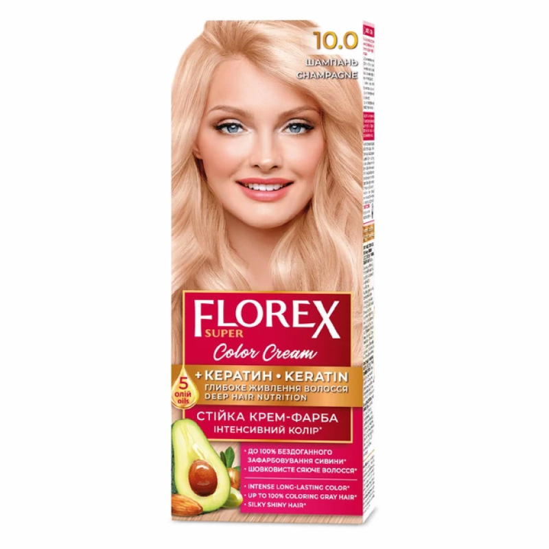 Стійка крем-фарба для волосся Florex Super КЕРАТИН 10.0 Шампань Стійка крем-фарба для волосся Florex Super КЕРАТИН 10.0 Шампань