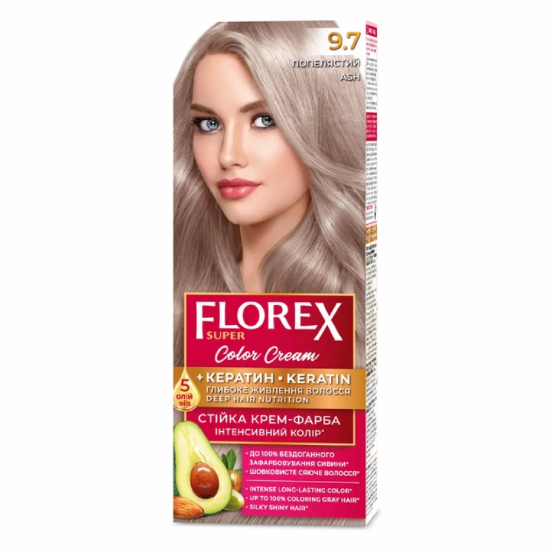 Стійка крем-фарба для волосся Florex Super КЕРАТИН  9.7 Попелястий Стійка крем-фарба для волосся Florex Super КЕРАТИН  9.7 Попелястий