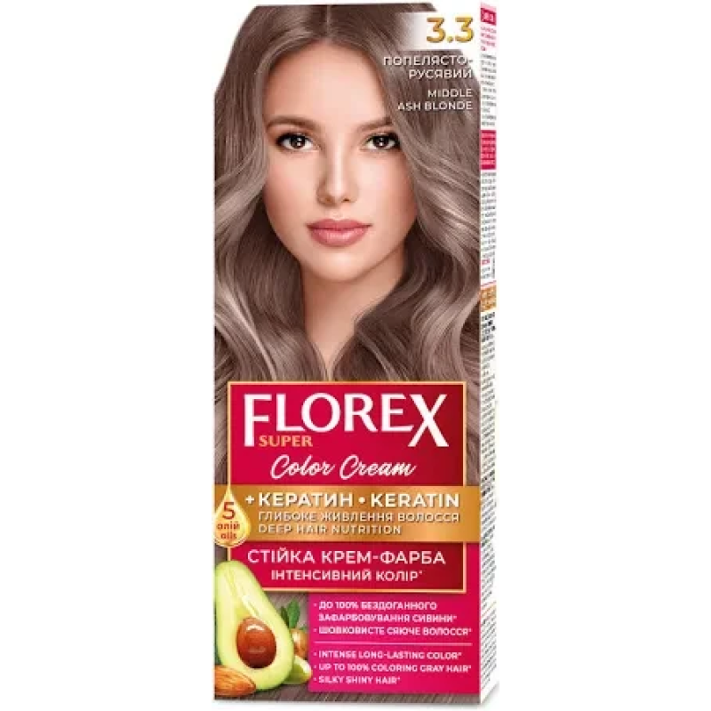 Стійка крем-фарба для волосся Florex Super КЕРАТИН  3.3 Попелясто-русявий Стійка крем-фарба для волосся Florex Super КЕРАТИН  3.3 Попелясто-русявий