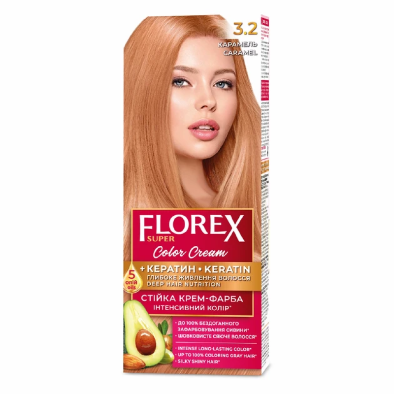 Стійка крем-фарба для волосся Florex Super КЕРАТИН 3.2 Карамель Стійка крем-фарба для волосся Florex Super КЕРАТИН 3.2 Карамель