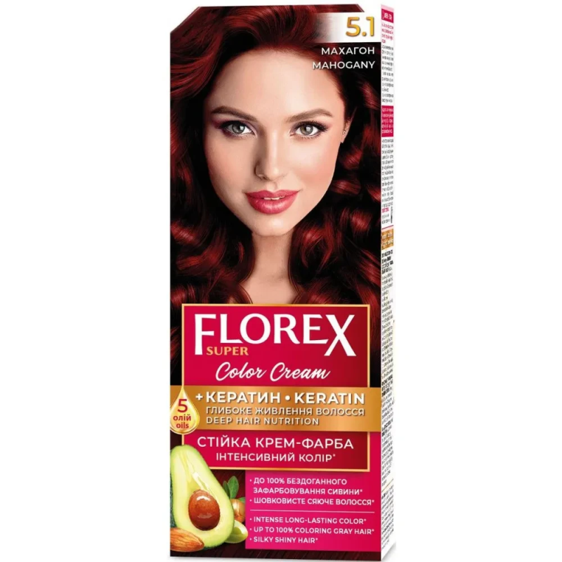 Стійка крем-фарба для волосся Florex Super КЕРАТИН 5.1 Махагон Стійка крем-фарба для волосся Florex Super КЕРАТИН 5.1 Махагон