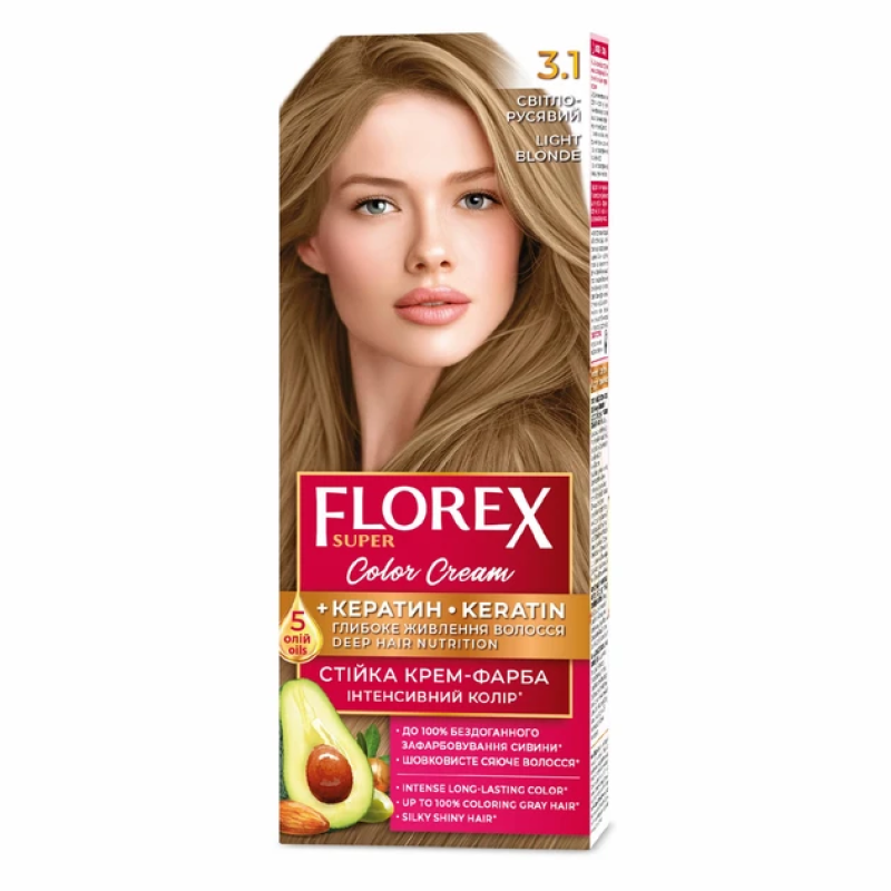 Стійка крем-фарба для волосся Florex Super КЕРАТИН 3.1 Світло русявий Стійка крем-фарба для волосся Florex Super КЕРАТИН 3.1 Світло русявий
