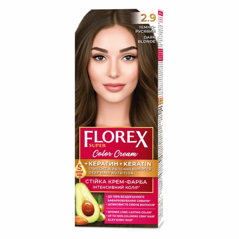 Стійка крем-фарба для волосся Florex Super КЕРАТИН 2.9 Темно-русявий Стійка крем-фарба для волосся Florex Super КЕРАТИН 2.9 Темно-русявий