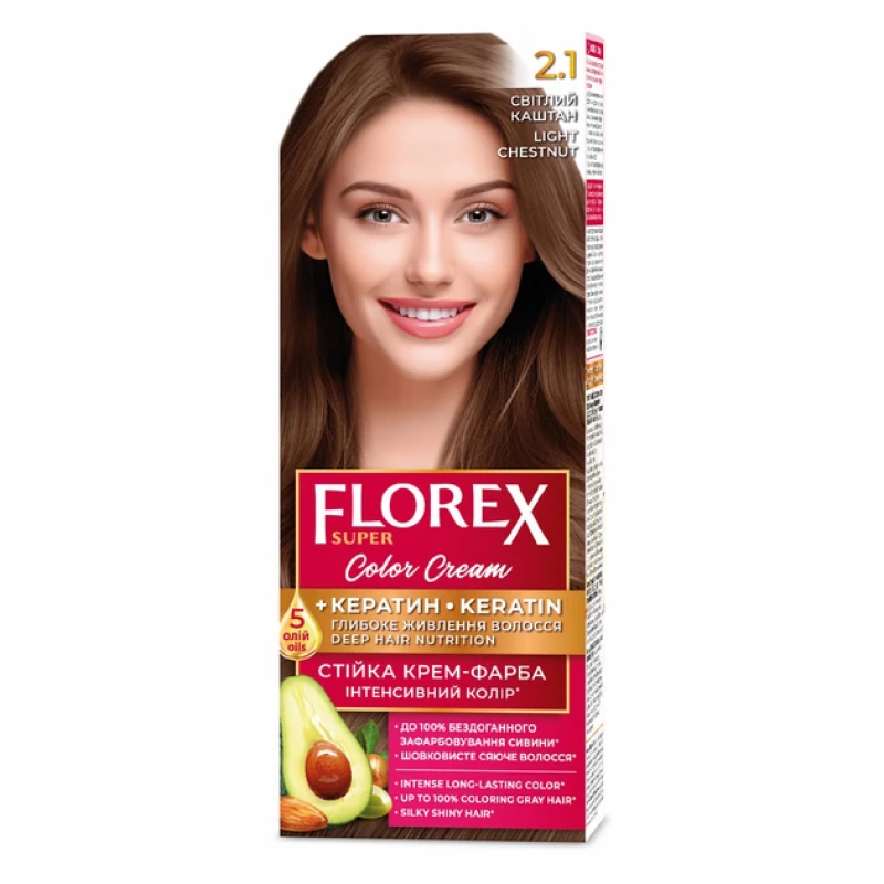 Стійка крем-фарба для волосся Florex Super КЕРАТИН 2.1 Світлий каштан Стійка крем-фарба для волосся Florex Super КЕРАТИН 2.1 Світлий каштан