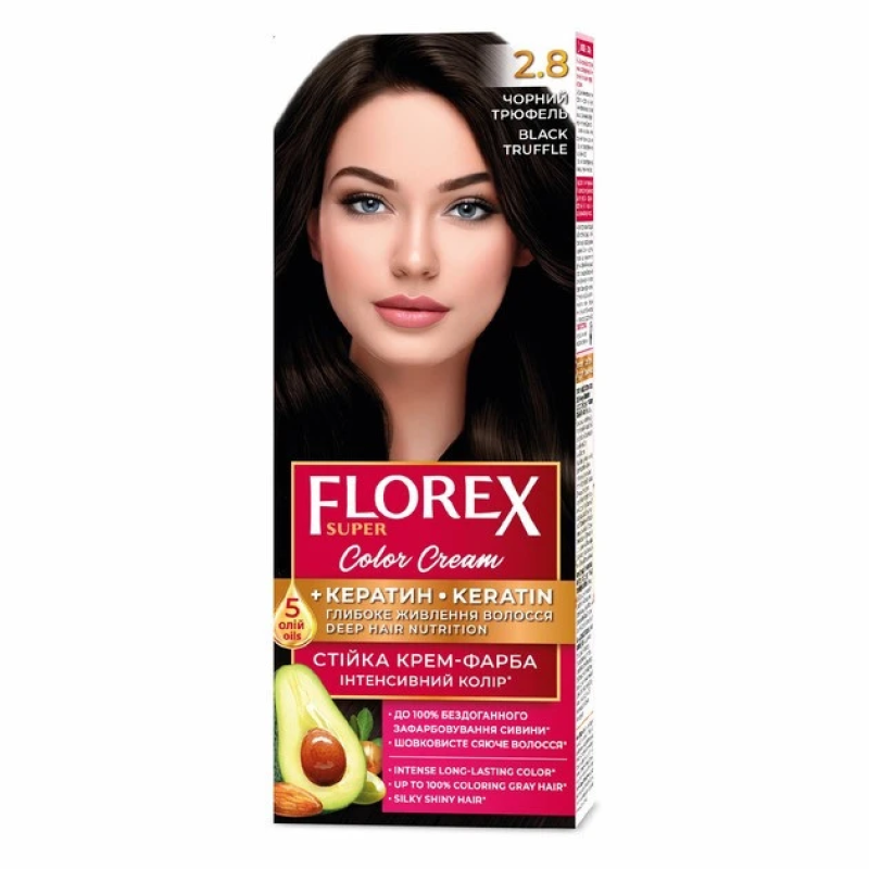 Стійка крем-фарба для волосся Florex Super КЕРАТИ 2.8 Чорний трюфель Стійка крем-фарба для волосся Florex Super КЕРАТИ 2.8 Чорний трюфель
