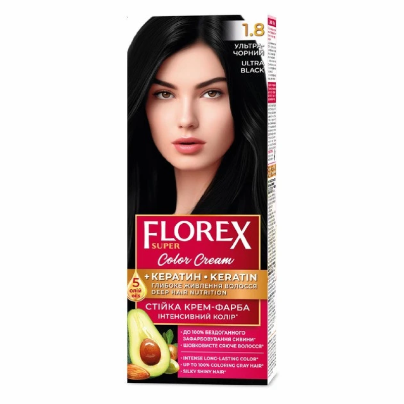 Стійка крем-фарба для волосся Florex Super КЕРАТИ  1.8 Ультра- чорний Стійка крем-фарба для волосся Florex Super КЕРАТИ  1.8 Ультра- чорний
